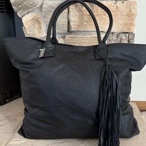 Chico's Classic Black Faux Leather Tassel Tote Bag Work‎ Satchel Purse NWT!